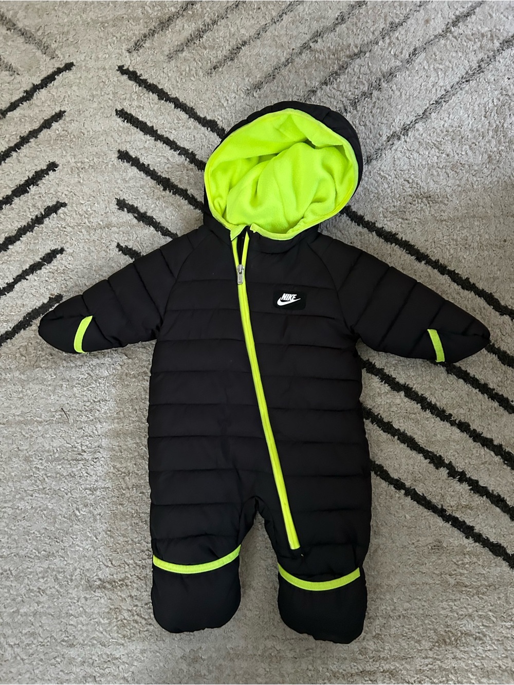 Nike Kids Black & Neon Green Hooded One-Piece Snowsuit